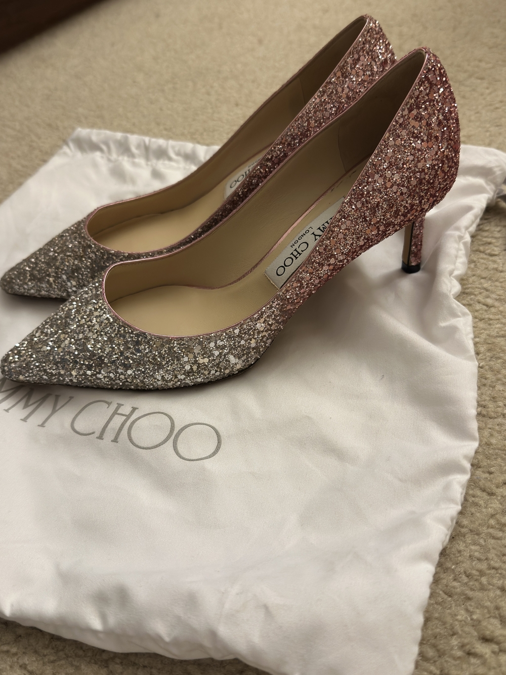 Jimmy Choo Pink and Silver Glitter Pointed Pumps